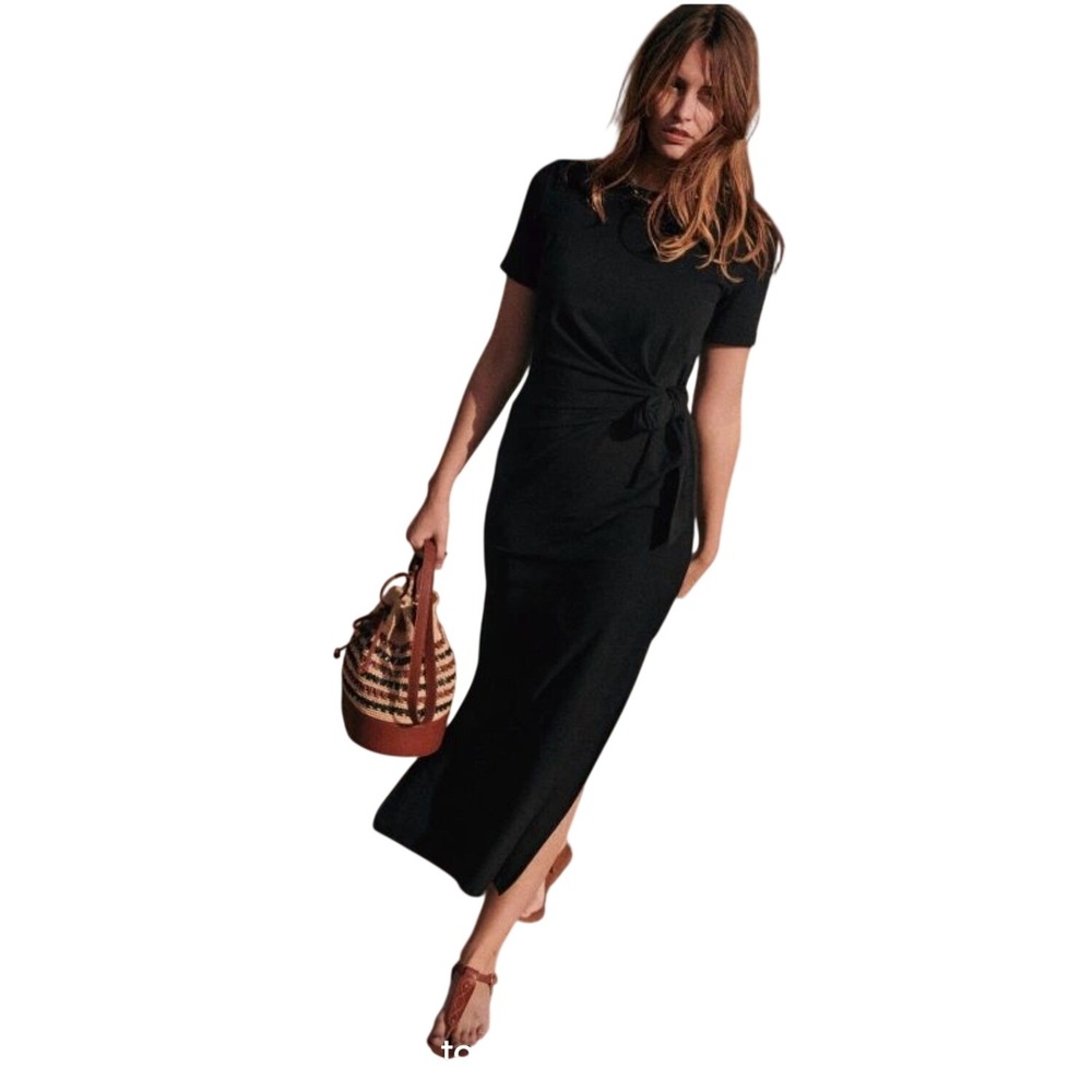 Sezane Pippa Dress S Black Organic Cotton Tie Waist Midi